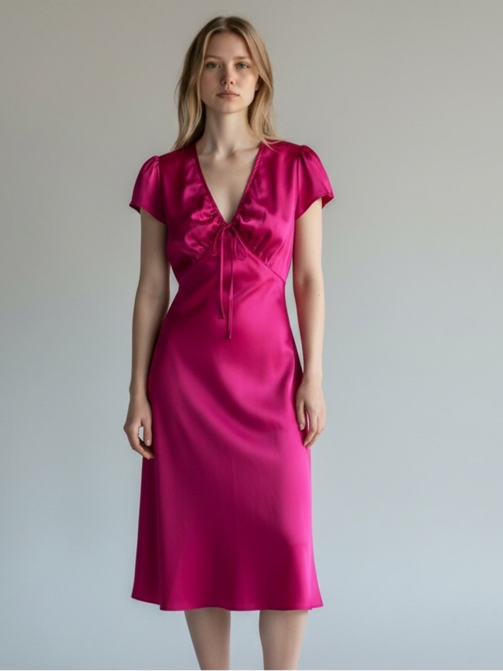 J Crew Vibrant Pink Short-sleeve slip dress in textured satin | size 10